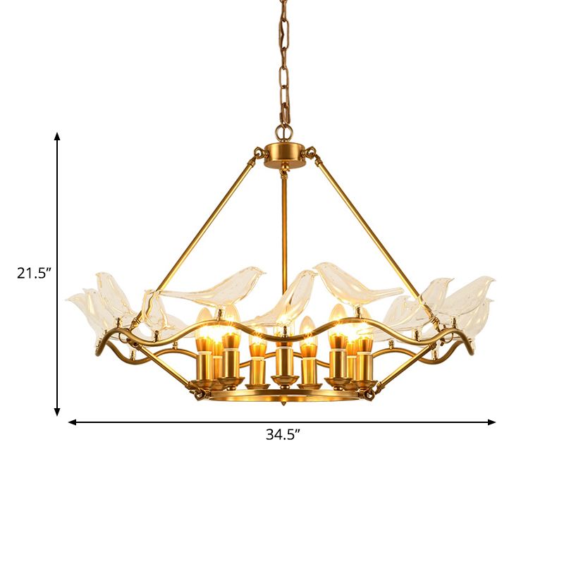 Wavy Ceiling Chandelier with Clear Crystal Bird Shade Mid Century 9 Lights Pendant Lighting in Brass