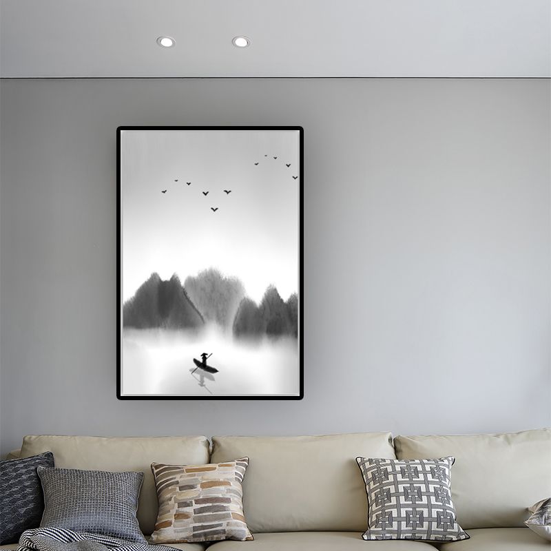 Light-Color Asian Wall Art Boat Floats on Lake by the Foggy Forest Canvas Print for Dining Room