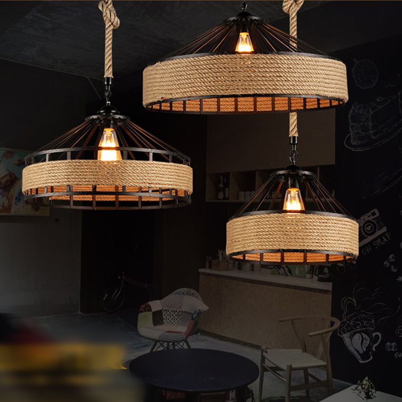 Rope Shade Suspension Light Industrial Metal Single Drop Light en noir pour restaurant