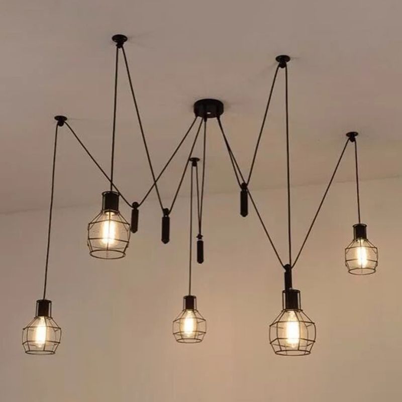 Caged Metal Pendant Lighting Industrial-Style Bedroom Hanging Pendant Light in Black