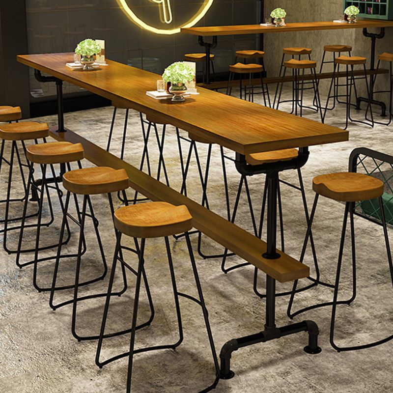 Brown Industrial Style Bar Table Solid Wood Casual Bar Table with Metal Base