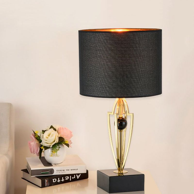 Contemporary 1 Light Nightstand Light Black Drum Night Table Lamp with Fabric Shade