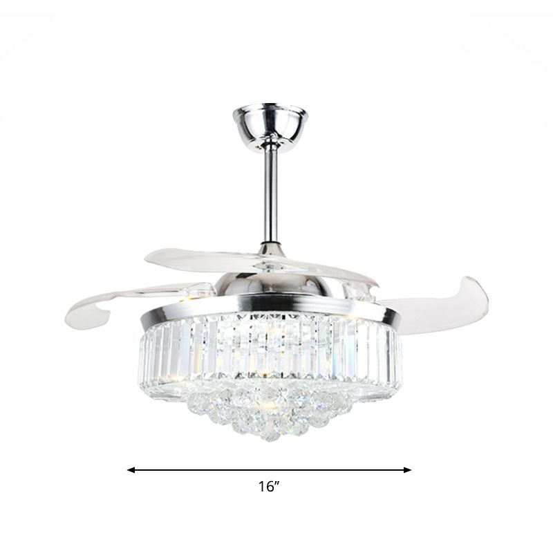 16" W Circle Semi Mount Lighting Modernism Crystal LED Chrome Pendant Fan Light Fixture with 3-Blade