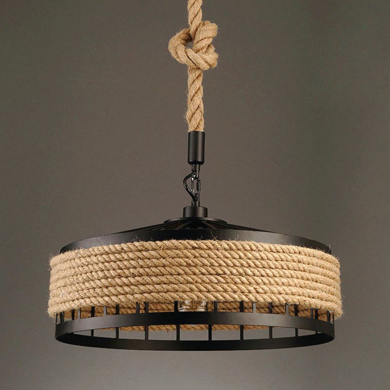 Geometric Metallic Pendant Light Antique 1-Light Restaurant Hanging Light Fixture with Hemp Rope in Brown