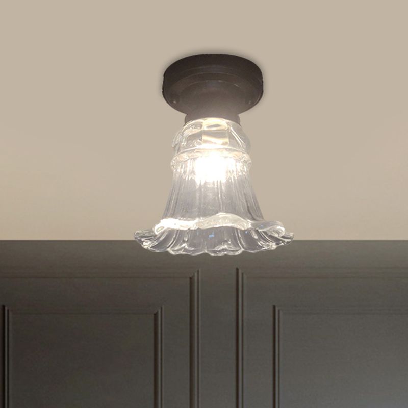 Rural Style Blossom Flush Mount Lamp 1 Head Fluted Clear Glass Ceiling Fixture in Black