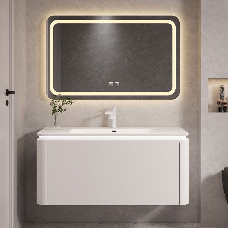 Rectangular White Vanity Wall Mounted Single Sink Mirror Wood Frame Vanity with Drawer