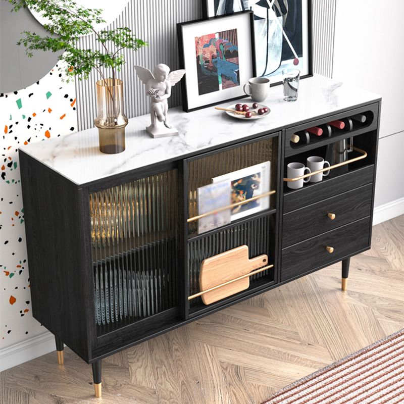 2-Drawer Engineered Wood Sideboard Glam Glass Sliding Doors Credenza with Stone Countertop