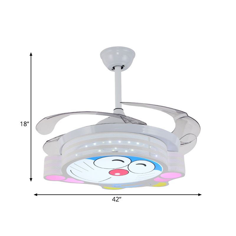 42" W Nordic Kids Round Semi Flush Lamp Metal Bedroom LED Ceiling Fan Light Fixture in White with Wall/Remote Control, 3 Blades