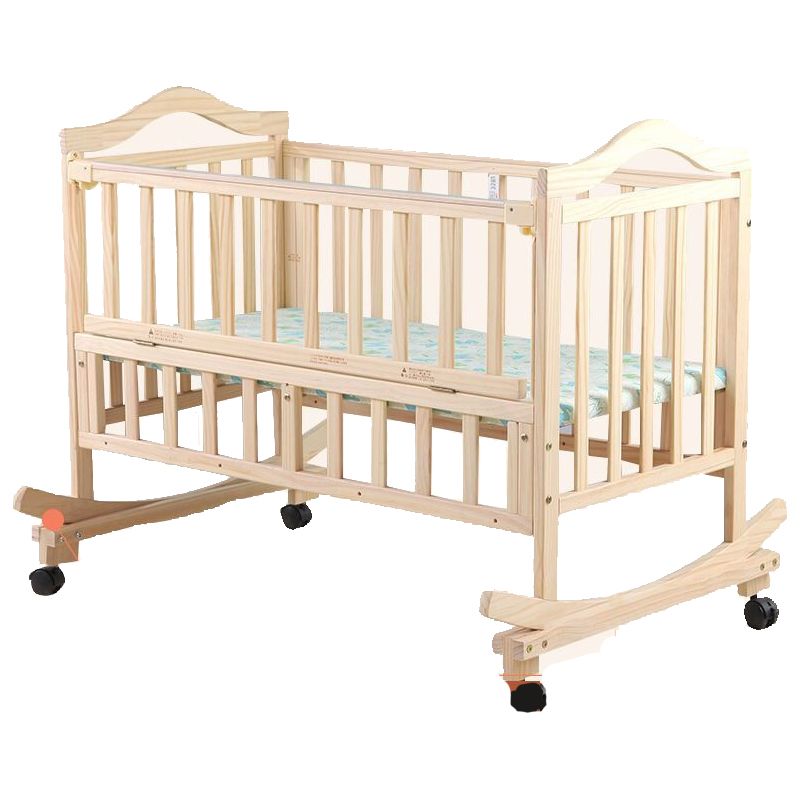 Solid Wood  Baby Crib Convertible Nursery Bed with Casters and Guardrail