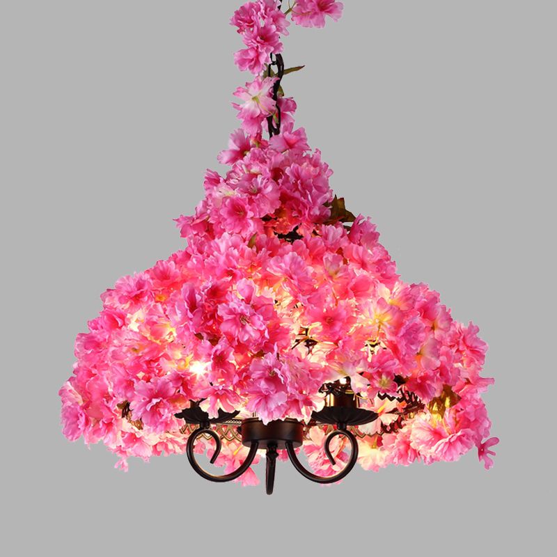 Cherry Blossom Metal Chandelier Light Industrial 3 Bulbs Restaurant LED Hanging Lamp in Pink