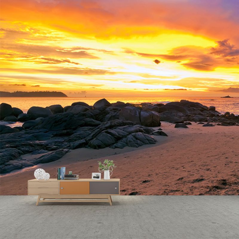 Sunset Coastal Beach Bench Mural Tropical Non-Woven Material Wall Decor in Yellow