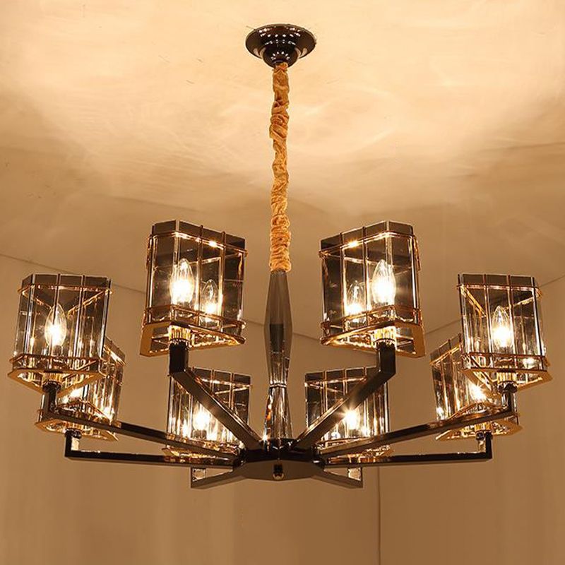 Triangle Hanging Chandelier Modernism Crystal 28"/35.5" Wide 6/8 Heads Black Pendant Light Fixture with Metal Arm