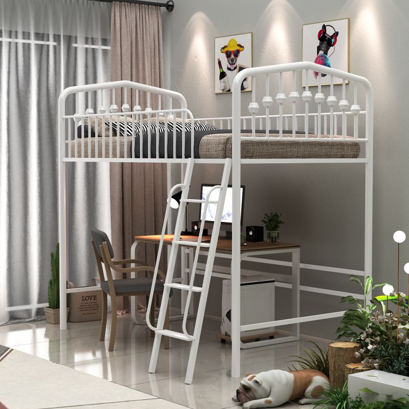 Built-In Ladder Loft Bed Metal White/Black Kids Bed with Guardrail