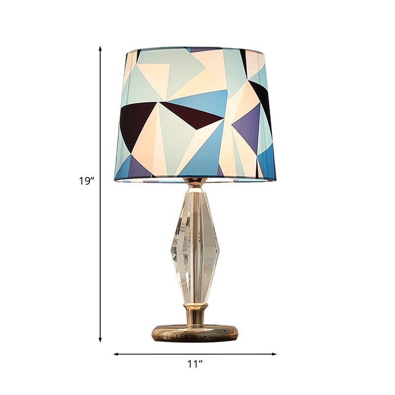 Patchwork Fabric Table Lamp Modern 1 Bulb Bedroom Nightstand Light in Blue with Crystal Accent