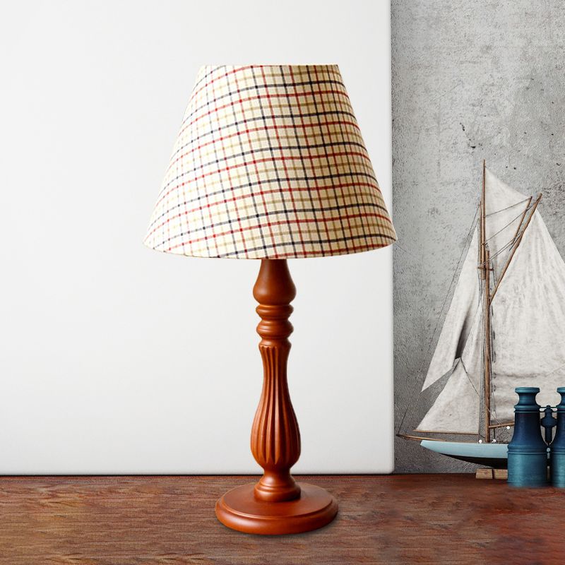 Beige/Tan/Dark Blue Barrel Shape Desk Lamp Traditional Fabric 1 Light Bedroom Reading Light with Wood Base