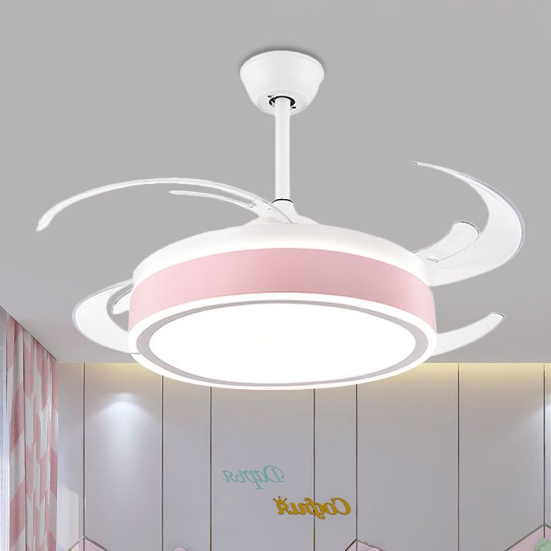 Metalen ronde hangende ventilator licht eenvoudig moderne 4 bladen led semi -spoel gemonteerde lamp in grijs/roze/blauw voor eetkamer, 47 "breed