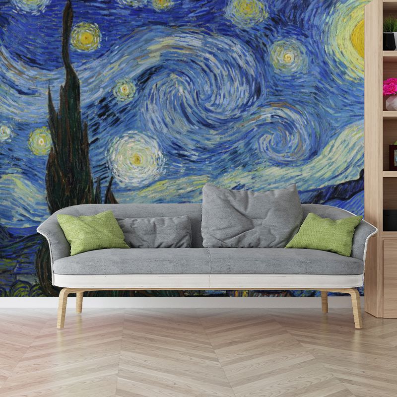 Extra Large Illustration Sky Mural Wallpaper for Bedroom Decor in Blue and Yellow, Made to Measure