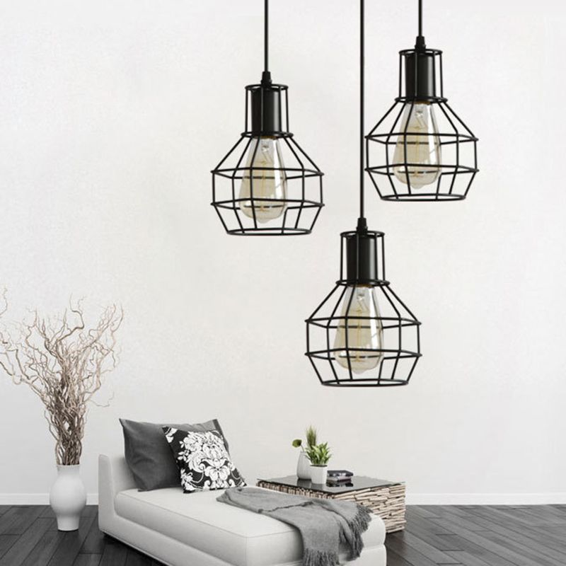 Industrial Style Open Cage Pendant Ceiling Light Metal Hanging Light Fixture in Black