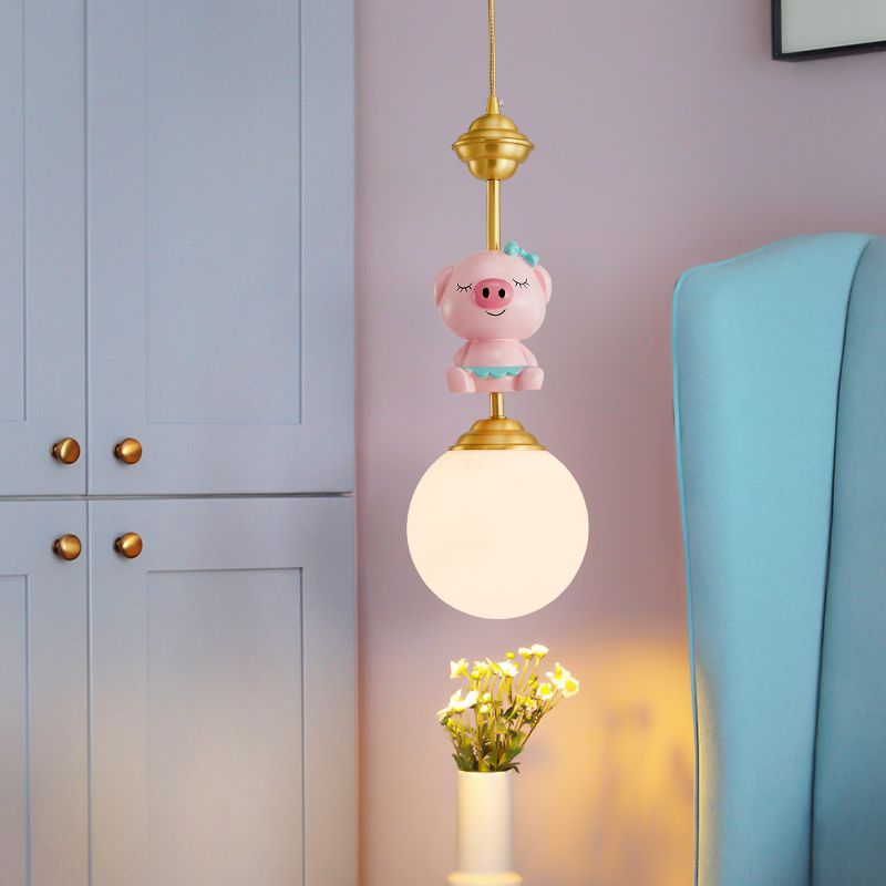 Pig Pendant Light Kids Style Resin Single-Bulb Nursery Suspension Light with Globe Opal Glass Shade in Gold