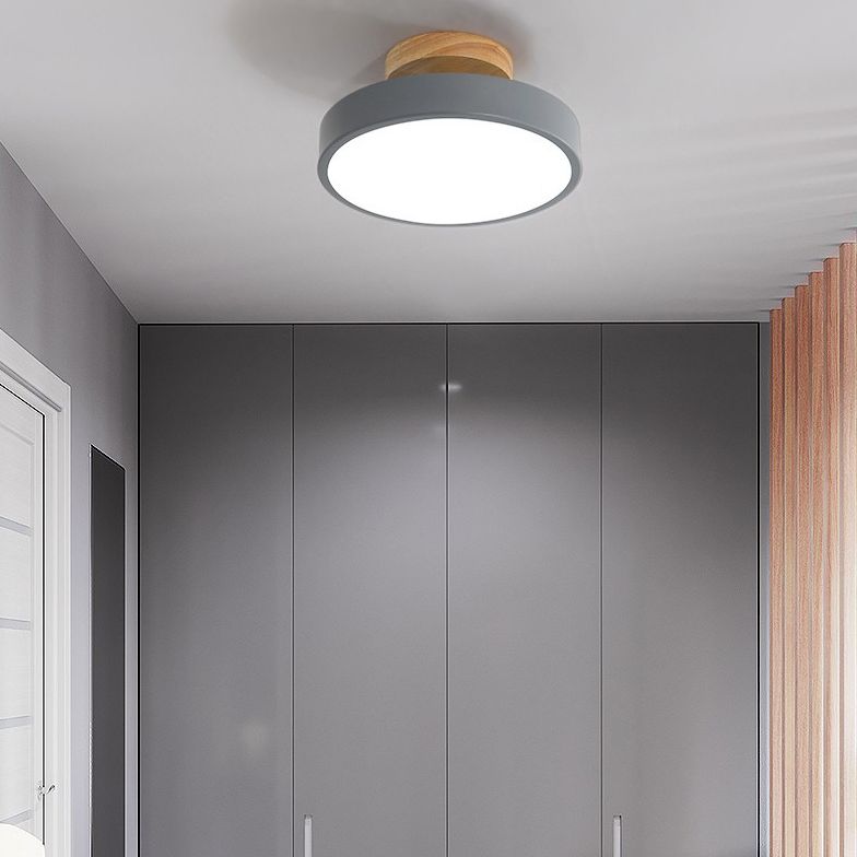 Wooden Macaron LED Ceiling Light in Modern Concise Style Wrought Iron Circular Semi Flush Mount with Acrylic Shade