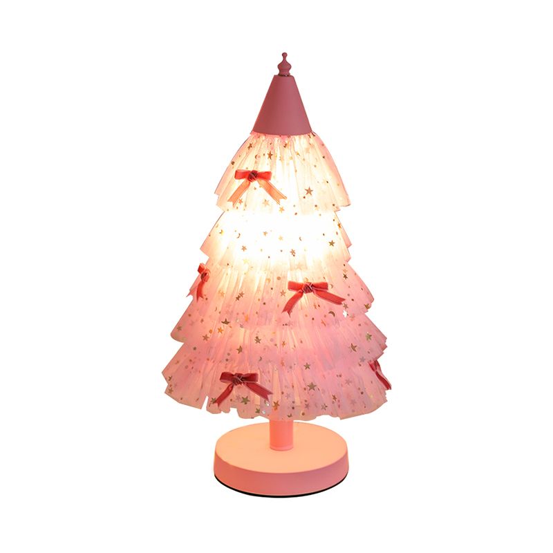 Pink Christmas Tree Table Lighting Kids 1 Bulb Fabric Nightstand Light with Round Base for Girl's Bedroom