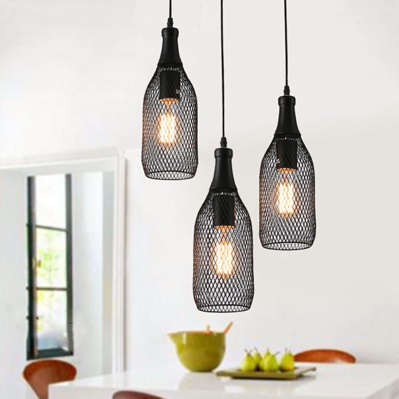 3/6 Lichter Metall Pendellanter Leuchtanlagen Industrial Style Black Flaschennetz Schatten Restaurant Hanging Lampe