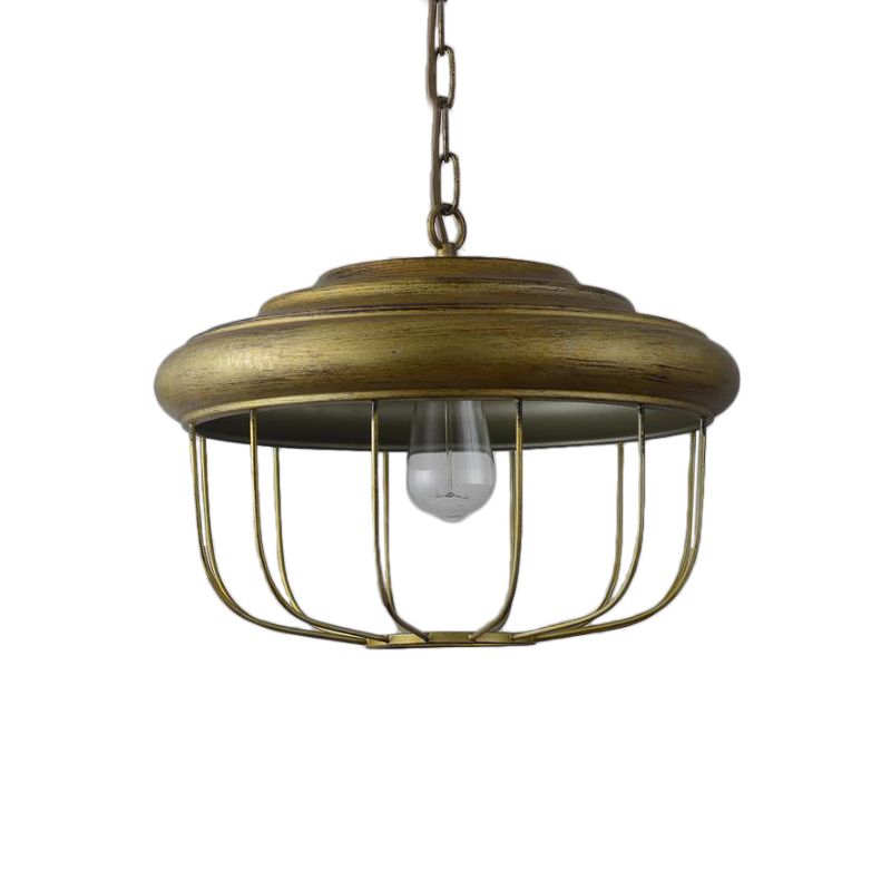 1-Light Hanging Pendant Light with Drum Shade Iron Rustic Farmhouse Ceiling Light in Antique Brass