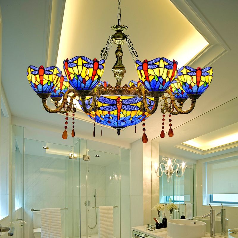 Chandeliers for Living Room, Dragonfly Pendant Ceiling Lamp with Stained Glass Shade and Amber Crystal Decoration