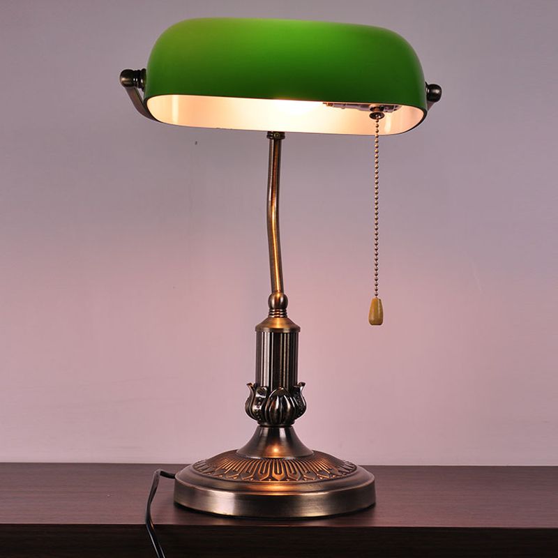 1 Head Green Glass Night Lamp Vintage Antiqued Brass Bending Bedside Table Light with Pull Chain