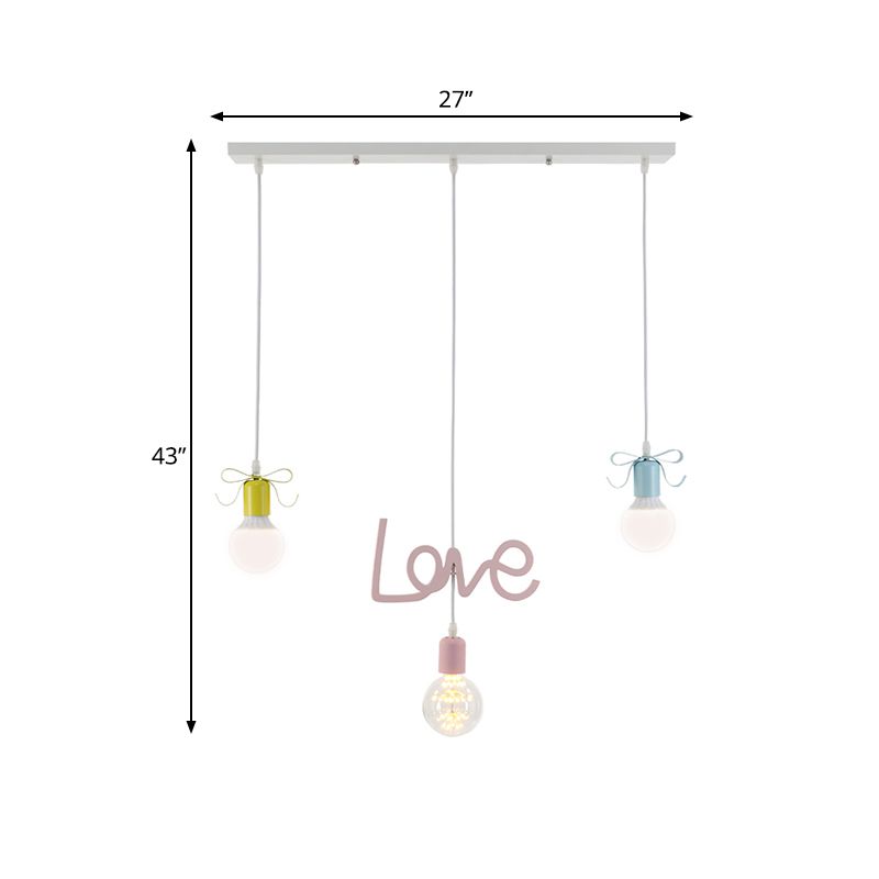 Bare Bulb Resin Cluster Pendant Macaroon 3-Light Red-Yellow-Blue Ceiling Light with Bow and Letter Design
