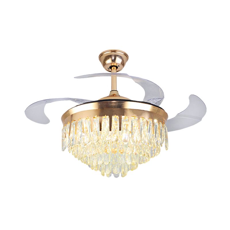 Cascading Ceiling Fan Lighting Simple Crystal Rectangle Great Room 19" W LED Semi Flush in Gold with 4-Blade