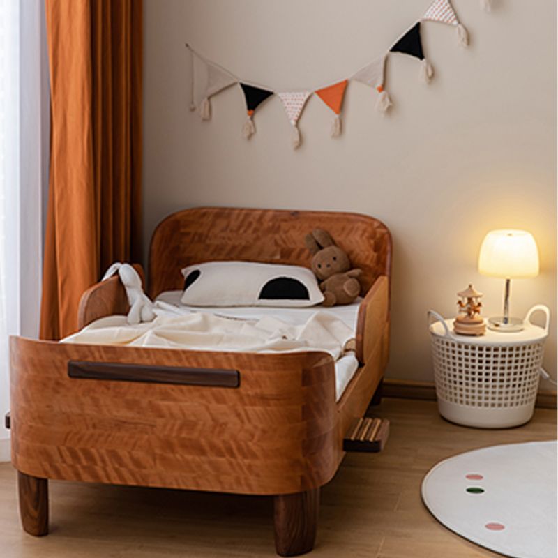 Scandinavian Bed with  Brown Solid Wood Panel Bed with Guardrail