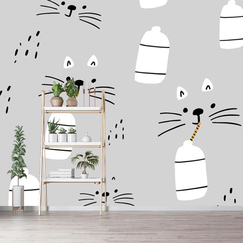 Cartoon Cat Drinking Milk Mural Decal Grey Water Resistant Wall Decor for Baby Room