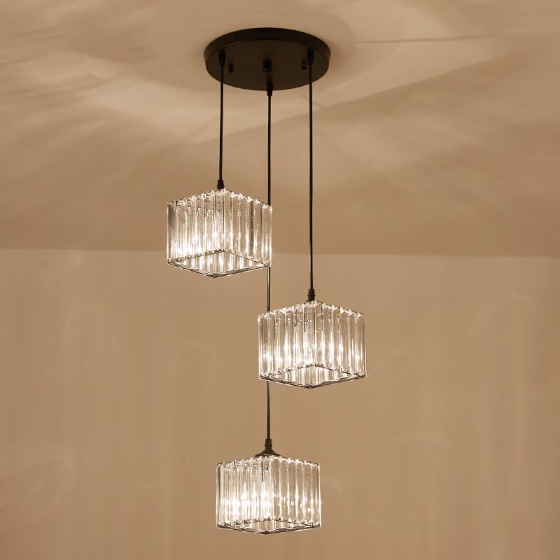 Square Crystal Cluster Pendant Light Simplicity 3-Bulb Dining Room Ceiling Hang Light in Black