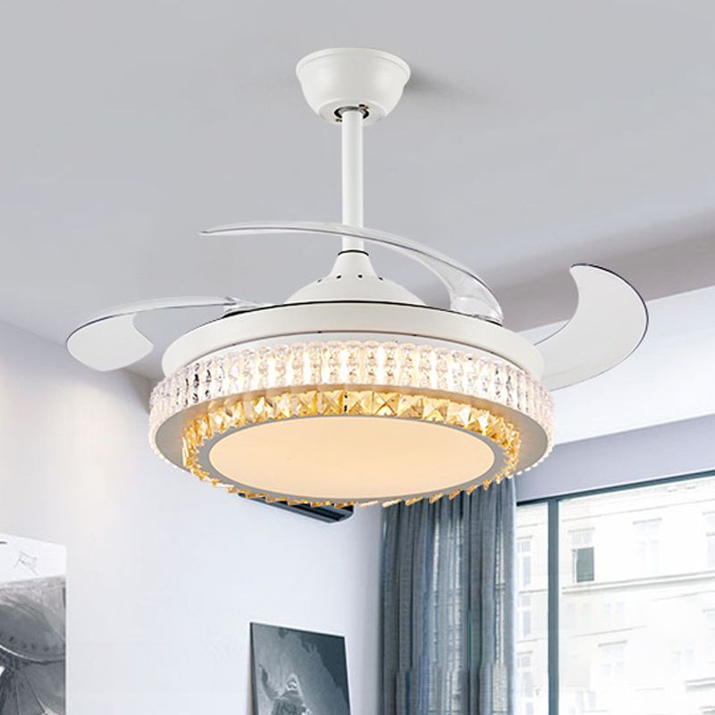 White Circular Hanging Fan Lamp Modernism Crystal LED 42" W Living Room Semi Flush Ceiling Light with 4 Clear Blades, Remote/Wall Control/Frequency Conversion and Remote Control