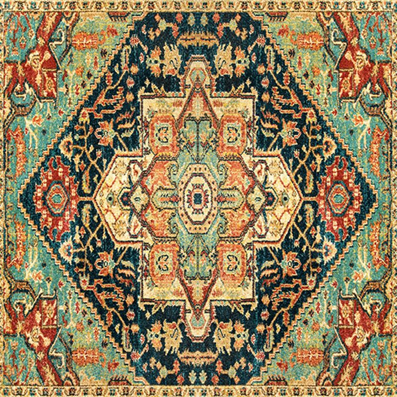 Quadratische ethnische Print Teppich mehrfarbig Retro Teppich Polyester Fleckenfeindresistent Teppich für Wohnzimmer