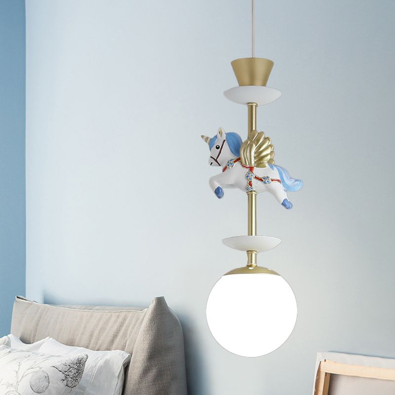 Apparecchiatura contemporanea da 1 per pedante lampadina con tonalità di vetro opale un unicorno rosa/blu lampada sospesa