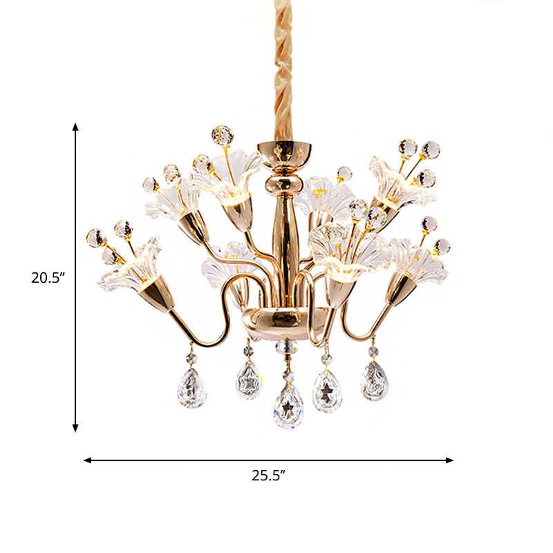 Clear Crystal Blossom Ceiling Light Modern 8-Head Gold Chandelier Lighting Fixture with Curvy Arms