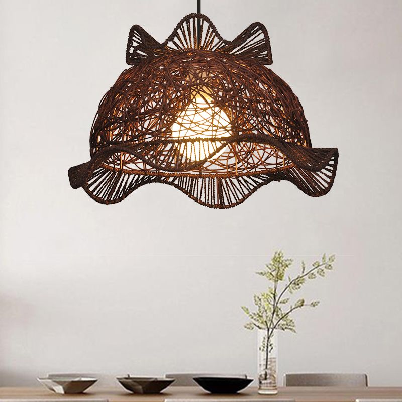 Café Ruffle-Bol Bowl Pendant moderniste Single Bamboo Plafond Suspension Lampe pour salle à manger