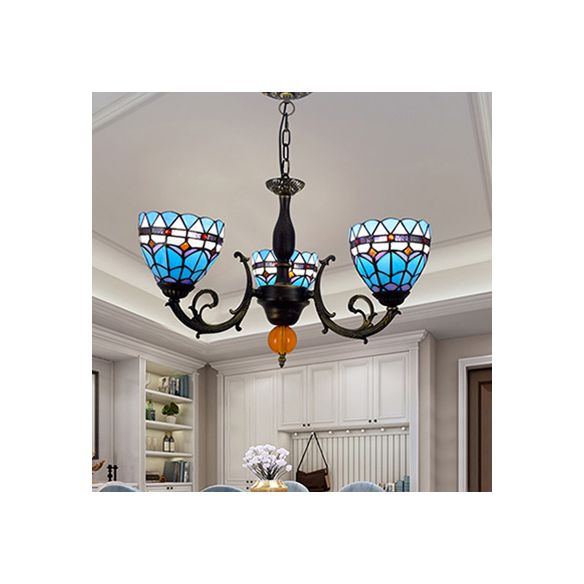 3 Lights Bowl-Shaped Hanging Light Tiffany Stained Glass Chandelier Light with Tulip Pattern for Living Room