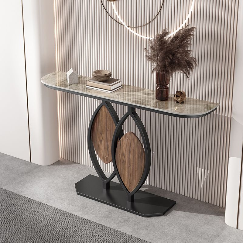 Contemporary Half Moon Console Table with Stone Top and Pedestal Base