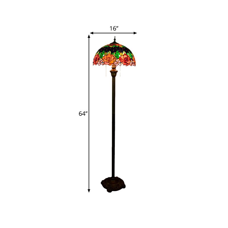 Floral Floor Lighting Tiffany Hand Cut Glass 2 Lights Green Finish Pull Chain Stand Lamp with Dome Shade