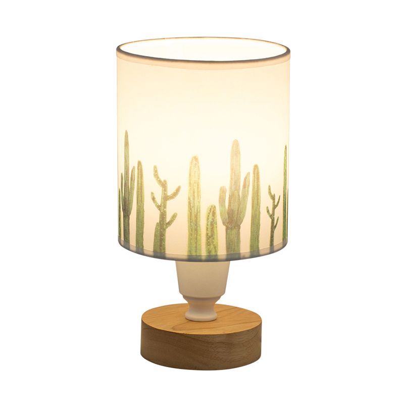 Fabric Cylinder Light Light Modern 1-Bulb Lire lampe avec arbre / poisson / cactus Déco et base en bois en blanc