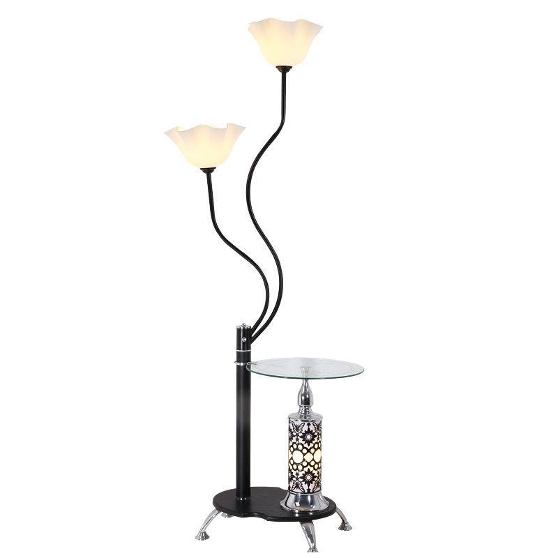 3 Bulbs Open-Top Flower Floor Light Country Black Frosted Glass Standing Floor Lamp with Tray