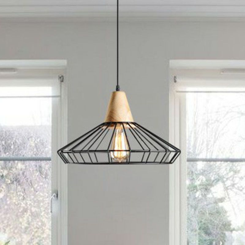 Antique Cage Shade Pendant Light 1-Light Iron Hanging Light Fixture with Wooden Top in Black