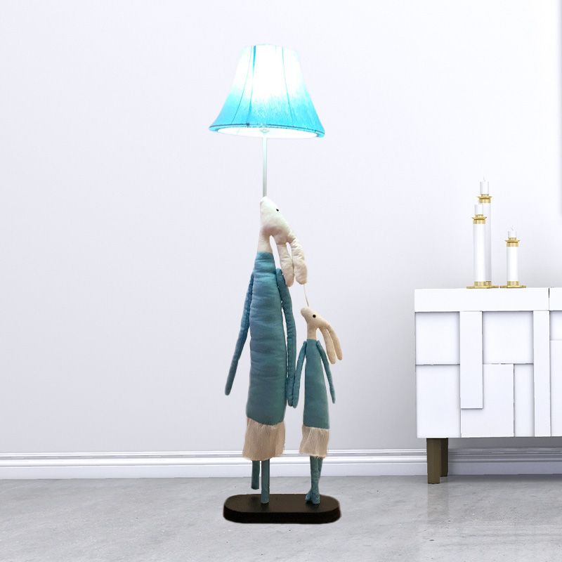 Cartoon 1-Light Floor Lighting Blue/Rose Red Rabbit Mon and Kid Standing Light with Flared Lampshade