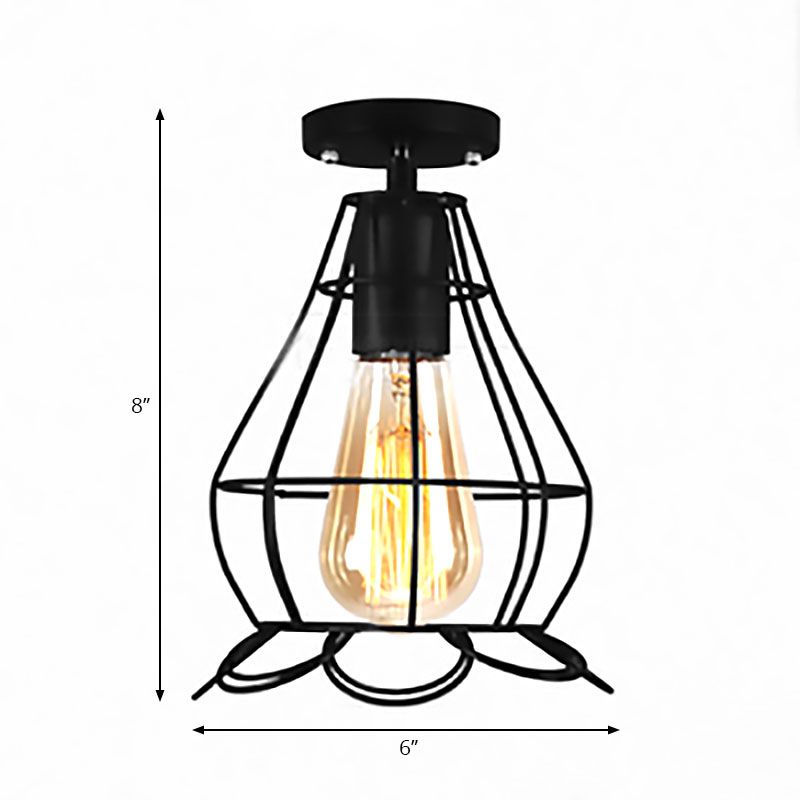 Barn/Oval Restaurant Semi Flush Mount Light con sombra de jaula Metal de granja 1 Luz de techo negro Ligero