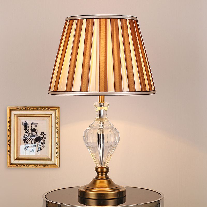 1 Light Bedroom Crystal Nightstand Lamp Simple Brown Table Light with Conical Fabric Shade