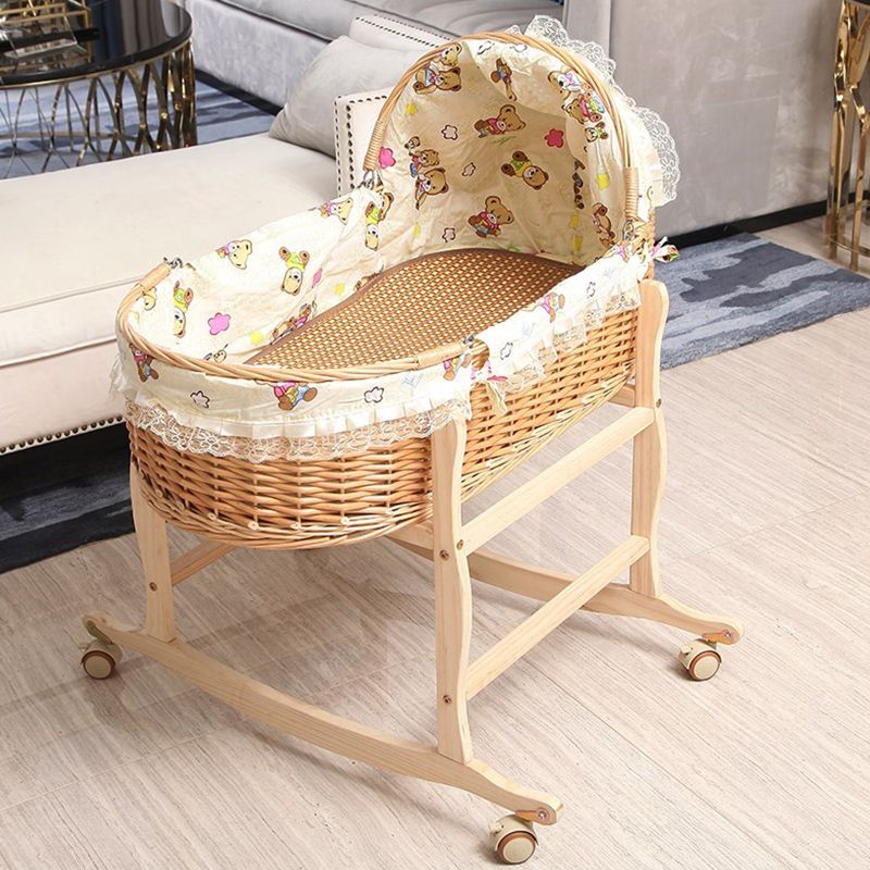 Solid Wood and Wicker Crib Cradle Natural Oval Crib Cradle for Baby