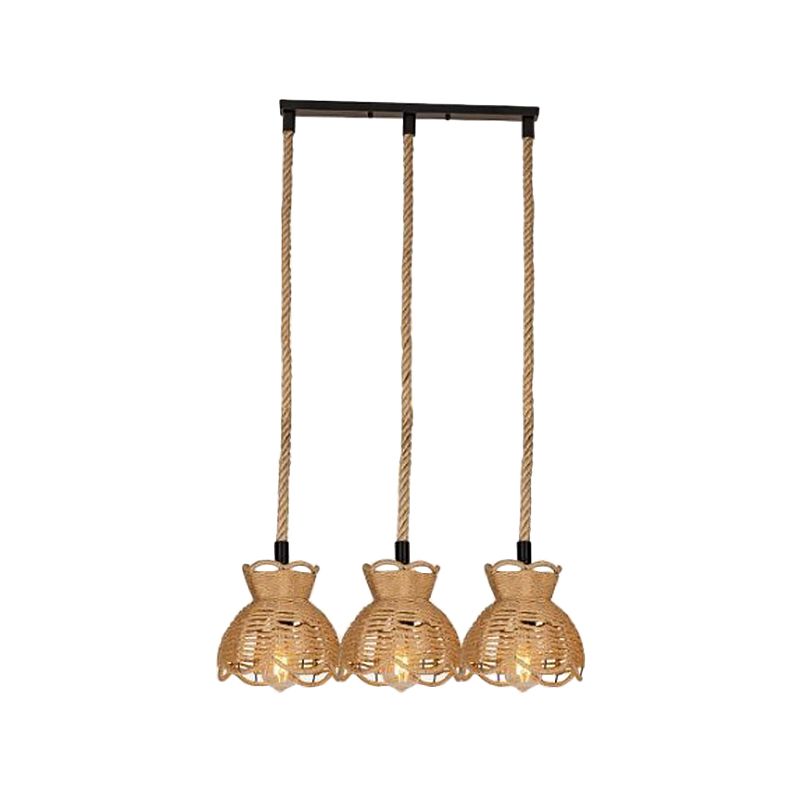 Round/Linear Bistro Cluster Bowl Pendant Farmhouse Hemp 3/6-Head Brown Multi Hanging Lamp with Scalloped Trim